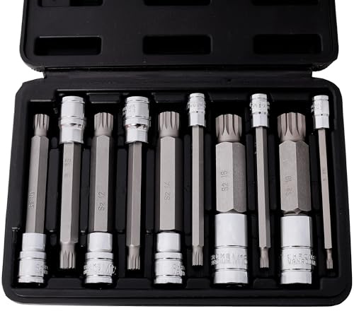 eSkde 10-Piece Spline Bit Socket Set: Triple Square (XZN) M4 to M14 Drive Tool Kit, Chrome Vanadium Steel for Automotive, Brake Caliper, and Repairs, Heavy-Duty Case, Mechanic Tools