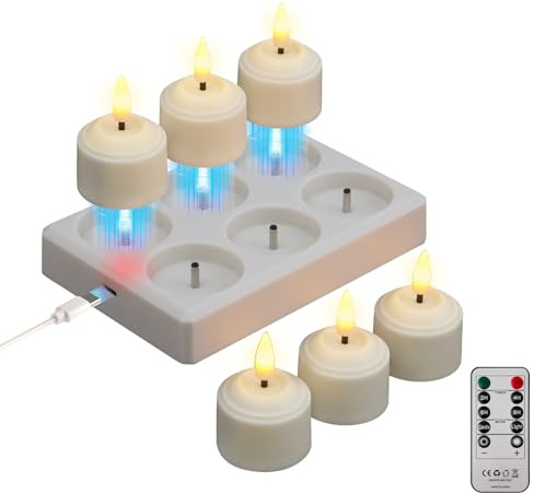 JVURICE Lot de 6 Bougies Chauffe-plat Rechargeables avec Minuteur et Station de Charge, Bougies Chauffe-plat LED Rechargeables, Bougies Scintillantes pour Chambre, Salon, Halloween, Noël, Mariage