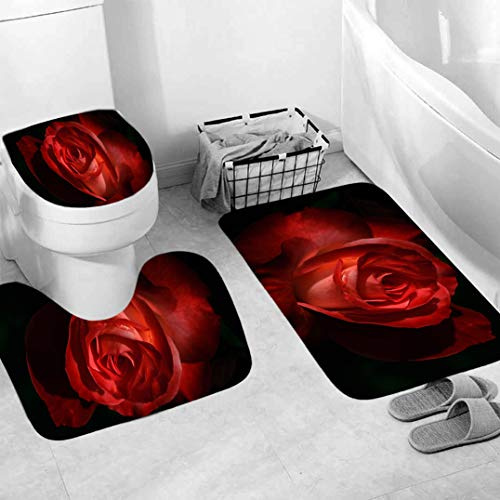 Generisch Badgarnitur 3 Teilig Badezimmerteppich Waschbar Badematte rutschfest,Wc Vorleger Mit Ausschnitt Und Badematte, Badvorleger Toilette Teppich 45X75Cm Rose