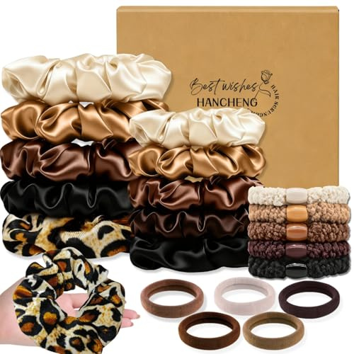 Set di 20 Elastici per Capelli,1 Elastici con Motivo Leopardato,9 Scrunchies per Capelli Seta ed 10 Scrunchies in 5 colori (Serie Marrone)
