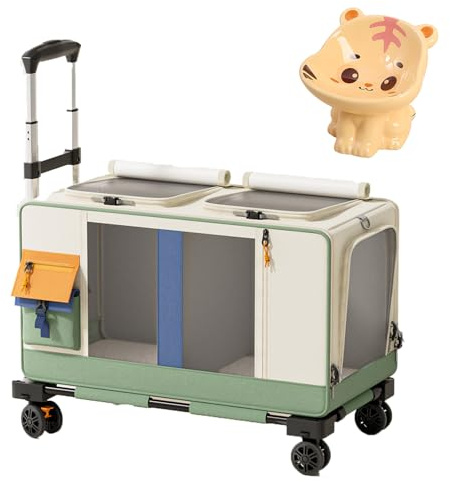 Großer rollender Haustierkäfig, tragbare Katzenbox mit Fächern, mehrseitige Belüftung, kann 2 Katzen unterbringen, mit Keramik-Futternapf, geeignet für Flugzeuge, Camping und Outdoor (Grün)