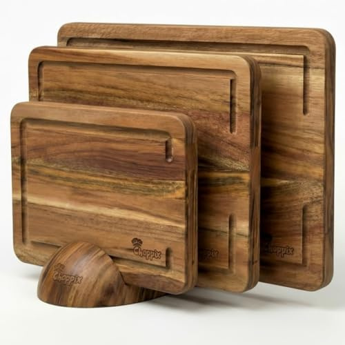 Choppix Wooden Chopping Boards Set - Acacia Wood Pack of 3 (33x22, 28x20, 22x15cm) Cutting Boards with Elegant Round Stand (Non-Slip Base) & Chopping Board Oil - for Meat, Cheese, Bread & Veg