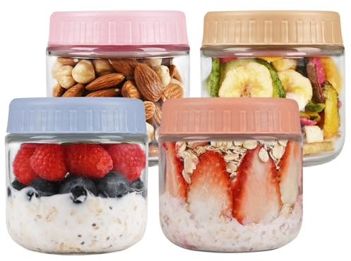 KINLINK 280ml Overnight Oats Jar Containers with Lids 4 Pack | Glass Mason Jars with Lids, Macaron Color Breakfast Yogurt Pot for Salad Yogurt Snacks Fruit Chia Granola