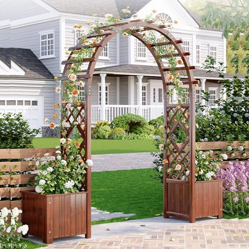 FORRTY Wooden Garden Arch With Planter Box Wedding Arch For Ceremony Trellis For Climbing Plants Outdoor Decorative Garden Arbor For Backyard Patio & Entrance Lawn Halloween Party(With box,120cm)