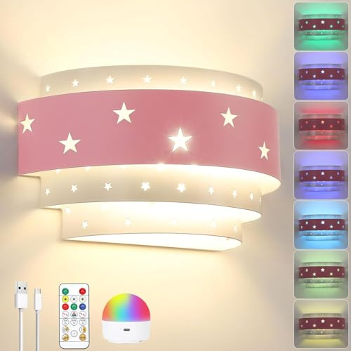 TRUYOK Akku Kinder Wandleuchte RGB Dimmbar Wandlampe mit Fernbedienung und Abnehmbarer Glühbirne Kinderlampe Ohne Stromanschluss Sterne Nachttischlampe für Schlafzimmer Treppen Flur Jungen Mädchen