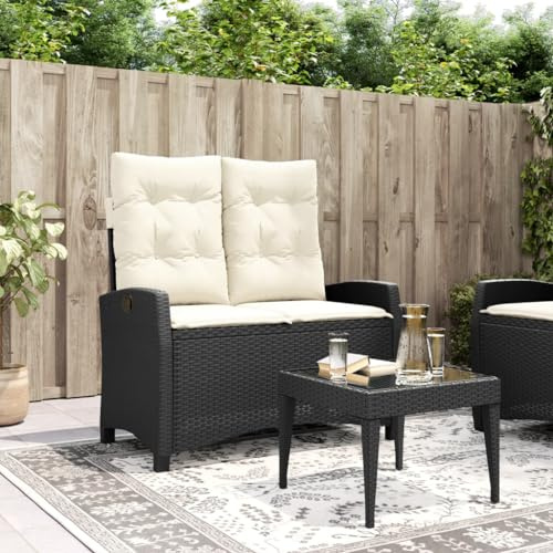 Frdhee Außenbank Sitzbank, Gartenbank Verstellbar mit Kissen Schwarz Poly Rattan, Wetterfest, Pflegeleicht