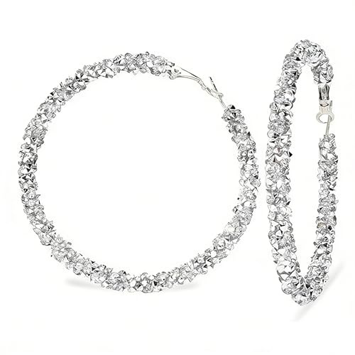 Silberne Glitzer Creolen Ohrringe mit Kristallverzierung – Große Runde Ohrschmuck für Damen, Trendiges Accessoire für Alltag und besondere Anlässe