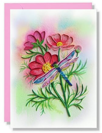 TUMYBee Flower and Animals Quilling Greeting Card, 3D Quilling Card for Love Friend Mom Birthday Anniversary, Luxury Paper Card Postcard with Envelop (Cosmo and Dragonfly)