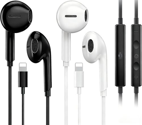 Lot de 2 écouteurs filaires Lightning certifiés MFi pour Apple iPhone 14/14 Plus/13/12/11/8/7 X Pro Max, iPad, écouteurs Lightning avec microphone (blanc et noir)