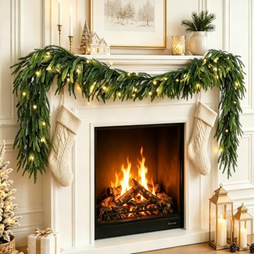 6FT Christmas Norfolk Pine Garland with Lights, Real Touch Pine Artificial Faux Greenery Garlands Winter Christmas Garland for Table Mantle Fireplace Holiday Indoor Outdoor Xmas Decorations (1 Pcs)