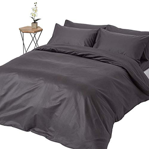 HOMESCAPES Parure de lit en Satin de Coton égyptien 1000 Fils, Housse de Couette 200x200 cm et 2 Taies d’Oreiller 50x75 cm, Coloris Gris foncé