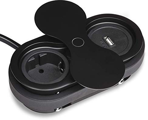 SOTECH Presa da incasso (1 x connessione USB / 1 x presa Schuko) nera incl. spina con coperchio a cerniera apribile Elemento di presa per piani di lavoro e scrivanie
