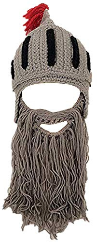 YEKEYI Lustige Ritterhelm Beanie mit Bart Mütze Handgemachte Strickmütze Winter Dicke Kappe Oktopus Hut Halloween Cosplay Skimaske