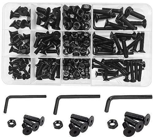 WeqeYent 219 Pcs Black Metric M4 M5 M6 Flat Head Socket Cap Screws Countersunk Bolts, Alloy Steel Hex Socket Cap Bolts and Nuts, Allen Socket Drive Screws