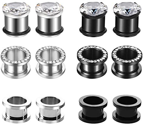 Dsnyu Silber Schwarz 12MM Ear Plug Edelstahl Zirkonia Single Flared Flesh Tunnel Ohrstöpsel Ohr Piercing Schmuck 12Pcs