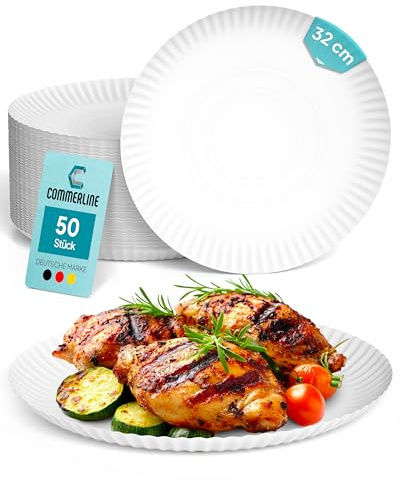 Commerline 50 Stück Pappteller Rund Ø32 cm | Einweggeschirr Kuchenteller Partygeschirr Partyteller | Einwegteller Papierteller Einmalgeschirr Imbissteller
