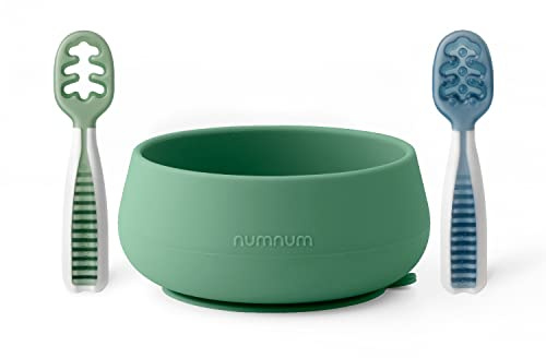 NumNum Baby Bowl & 2 Pack GOOtensils Baby Spoons, Suction Bowls for Baby 4+ Months, Extra Strong Non-Slip Suction, 100% Food-Grade Silicone, BPA-Free, Microwave & Dishwasher Safe (Green/Blue)