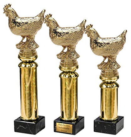 eberin · Goldene Henne Pokal · Kleintierzucht · Bauernhof Award · Federvieh · Geflügel · Goldenes Huhn auf Goldsäule / Marmor schwarz · Auszeichnung · Pokal · in 3 Größen erhältlich · mit oder ohne Gravur ·