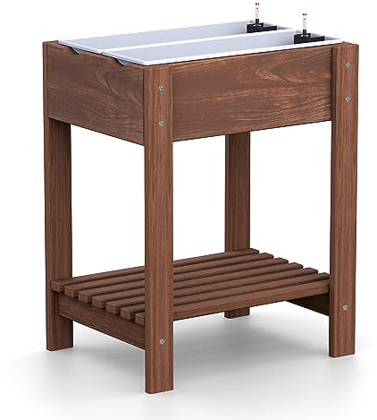 Plastard Hochbeet Kiefernholz mit Ablage Braun inklusive - 2 x 60 cm Einsätze - Wasserstandsanzeiger - Balkon und Garten - Anzuchtbeet - Kräuterbeet