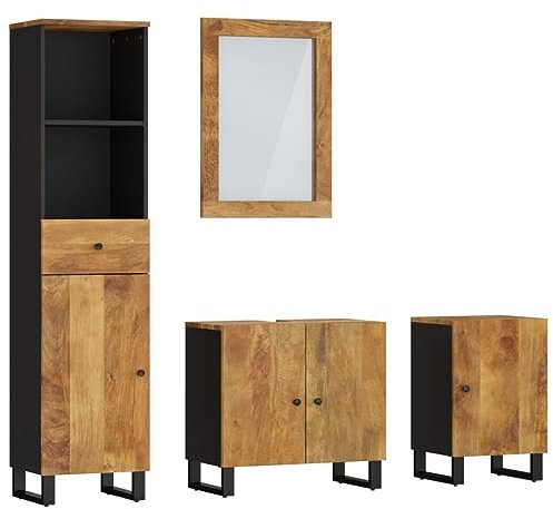 vidaXL Badmöbel Set 4 tlg., Waschbeckenunterschrank mit Holzbeinen, Spiegel für Badezimmer, Badspiegel Badschrank Badezimmerschrank Hochschrank, Massivholz Mango