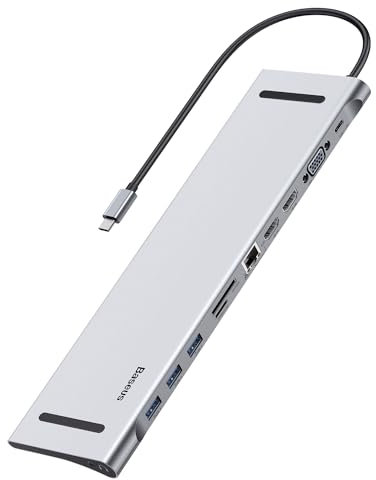 Baseus 11-in-1(2024 Version) Docking Station USB C 3 Monitore Mit 2 x 4K HDMI, 1 VGA, 3 x USB 3.0, SD/TF-Kartenleser, 1Gbps Ethernet, 3.5 mm Audio, USB C Hub für MacBook Pro/Air, für Windows PC