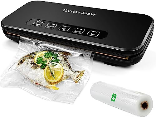 Vacuum Sealer Machine, Dry/Moist Vacuum Sealer Machine with Built-in Cutter and Bag Storage, External Vacuum System, Air Sealer Machine for Food Storage and Sous Vide with Starter Kit, Black