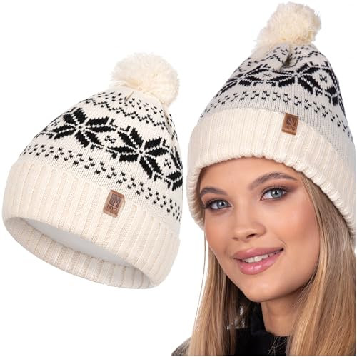 HEYO Mütze Damen Herren Norweger Mütze Bommelmütze Unisex Wintermütze Dick Gefüttert Warm (Beige)
