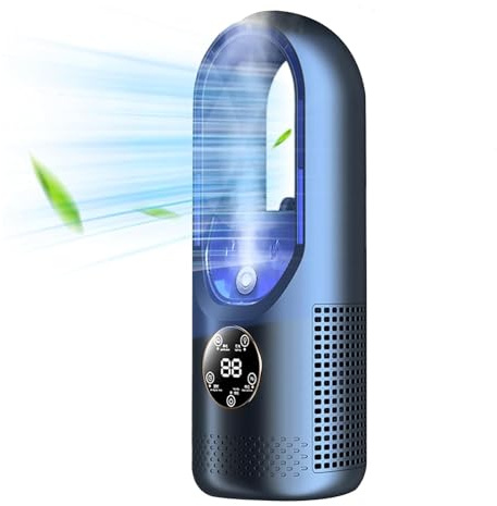Ventilador USB multifunción sin aspas, ventilador de refrigeración de 6 velocidades con función de temporizador, ventilador vertical sin aspas con pantalla LED, bajo ruido, portátil (azul)