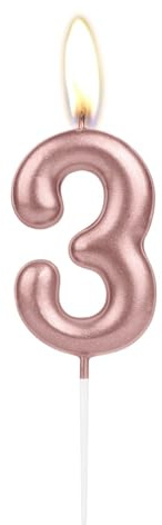 Vela de Número de Cumpleaños de 3 Años con Luz Chispeante en Oro Rosa, Vela de Pastel Número 3 en Oro Rosa, Adorno para Pastel de Cumpleaños para Niña y Niño, Adorno para Boda y Aniversario