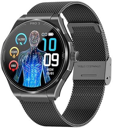 Knauermann PRO 3 (2024) Schwarz - Gesundheitsuhr Smartwatch mit Telefoniefunktion - EKG + HRV und SOS Funktion - AMOLED Display- BT Bluetooth - Schlafapnoe - Milanaiseband Schwarz, 14-24,rund