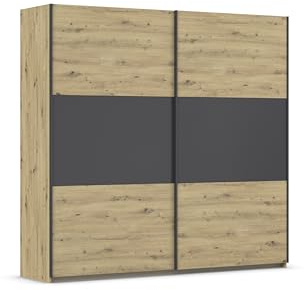 Rauch Möbel Neo, Schwebetürenschrank, Kleiderschrank, Kleiderschränke, Garderobe, Schrank mit Stauraum, 2-türig, Farbe Eiche Artisan-Grau metallic, Holz, Schwarz, 218x210x59cm
