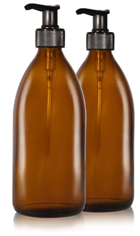 Oputec 2 x 500ml Seifenspender aus Glas: Shampoo Flaschen zum Befüllen als Duschgel Spender, Pumpspender - Pumpflasche aus Braunglas - Behälter zum Befüllen für Küche Badezimmer