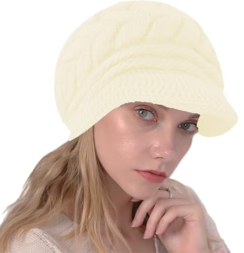 NLAND Damen Mütze Winter mit Visier Wollmütze mit Fleecefutter | Weiche,Leichte und Atmungsaktive Strickmütze,Wintermütze mit Kuscheligem Fleecefutter,Handliche Baskenmütze