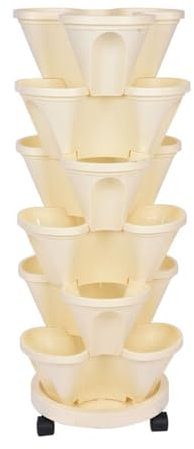 Stapelbarer Erdbeer-Pflanzgefäß, vertikaler Garten-Pflanzgefäß mit beweglichem Boden, 3-stöckig, Kunststoff, ideal für Garten, Haustür, Balkon, 6 Stück (Beige)