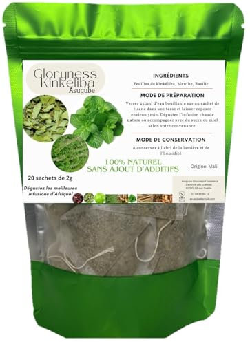 Gloryness-Kinkéliba en Sachets Filtrants -Marque Asugube-Infusion Traditionnelle Africaine | Feuilles Séchées 100% Naturelles | Tisane Détox, Digestion et Bien-Être | Paquet de 20 sachets de 2 grammes