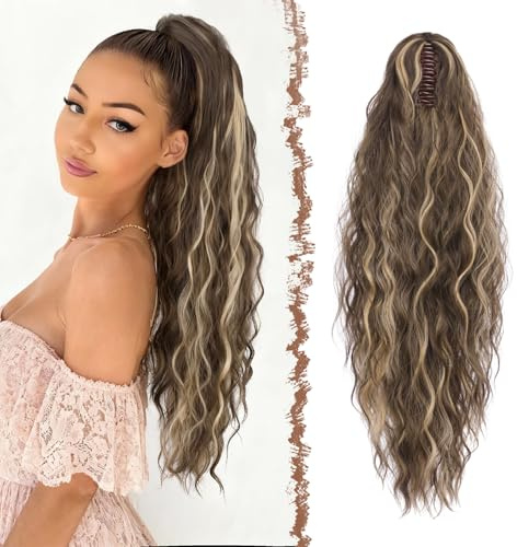 FESHFEN Coleta Postiza Pelo Natural con Pinza Cola Postiza Largo Ondulado Rizado Marrón Castaño Mixto Rubio Ceniza Sintética Extensiones Coleta Postizos para Mujeres, 65 cm
