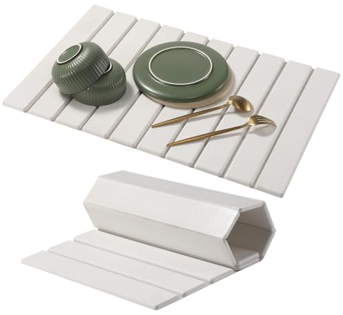 Ostyel Abtropfmatte Geschirr, 60x40cm Wasserabsorbierende Kieselgur Matte Küche, Faltbare Spülbeckenmatte Abtropfmatte Kaffeemaschine Schnelltrocknende Matte Küche für Geschirr Tassen (weiß, 60x40cm)