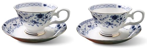 Kaffeetassen mit Untertassen, Cappuccino Tasse Blumen Kaffeebecher Dünnes Porzellan Coffee Cup, 175ML Knochenporzellan Teetassen Mokkatassen Aesthetic Espresso Tassen Set für Frauen, 2 Stück (C)