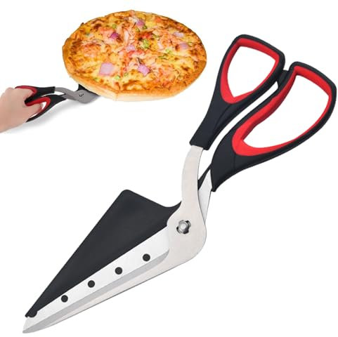 Forbici per Pizza, Forbici da Cucina Multifunzionali, Tagliapizza In Acciaio Inox Alimentare con manico morbido, Lavabile in Lavastoviglie, Per Pizza Bistecca Barbecue Muffin, 27.5CM (Nero/Rosso)