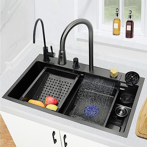 ASumPio Einbauspüle Für Die Küche, 304 Edelstahl, Schwarz, Nano, Einzelbecken, Wasserfall-Küchenspüle, Unterbau-Bauernhausspüle Mit Ausziehbarem Wasserhahn,Black-80 * 45 * 23cmA