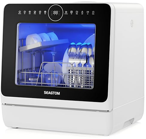 SEAGTOM Portable Dishwashers for Camping and Home with 5l Water Tank, Hose, LED Light, 10 Wash Programs, Baby Care Mode, Dual Water Supply and 1h Hot Air Drying