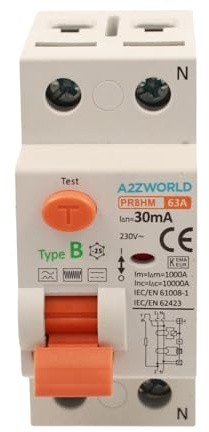 A2ZWORLD Interrupteur différentiel type B 30mA, RCCB Classe B 30mA 2P 63A, 1P+N 2 pôles 10 kA 230 V, occupe 2 modules barre DIN
