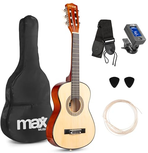 MAX SoloArt Junior 1/4 - Guitarra Clásica Infantil, Cuerdas de Nailon, Funda, Afinador Digital, Cuerdas Extra, Púas y Correa – Ideal para Niños de 3 a 6 Años – Ligera y Compacta – Color Madera