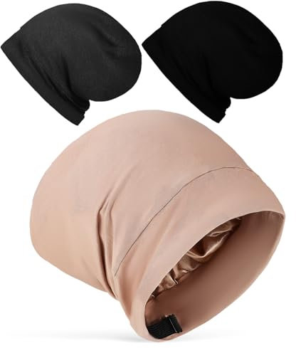 DEARMAMY Seide Schlafhaube 3er Set Satin Schlafhaube Haarkappen Verstellbare Seidenmützen Für Die Nacht Ideal Zum Schutz Von Haaren Beim Schlafen Dunkelgrau Und Silk Bonnet for Sleeping