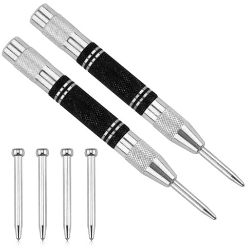 Automatic Center Punch 2PCS, Spring Impact Loaded Center Hole Punch with 4 Replacement Tips, Adjustable Heavy Duty Automatic Center Punch, Metal Centre Punches for Glass Wood Thin Steel Sheets