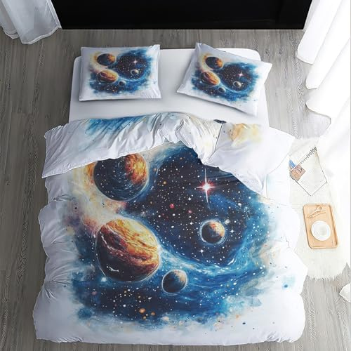 WQIZXCW Weltall Planeten Bettwäsche 155x200 - Galaxy Weltraum Universum Motiv, Weiche Microfaser Bettbezug Set 2 Teilig, 1 Kissenbezug 80x80, mit Reißverschluss, Wendebettwäsche & Zimmer Deko