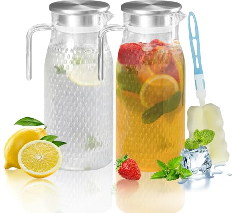2 Pack 1.6L Plastic Pitcher with Stainless Steel Lid, Acrylic Water Juice Jug, Transparent Fridge Water Jugs, Unbreakable, Easy to Clean Milk Jug for Iced Tea, Lemonade, Cold or Hot(2pcs 1.6L)