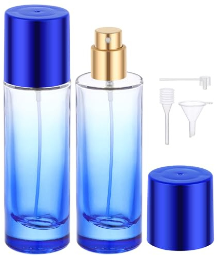 Segbeauty Dispensador Perfume Viaje, 2 Piezas 30ml Atomizador Perfume, Recargable y Portátil, Botella Pulverizador con Cabezale de Bomba, Embudo, Gotero (Azul)