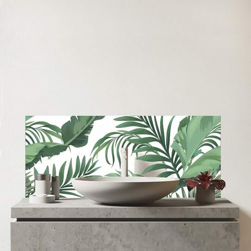 Warren Reed - Designer Premium Trendy Tropical Leaves Glass Bathroom Splashback 6mm Toughened Glass – Water-Resistant Wall Protector for Basins & Sinks, Polished Edges