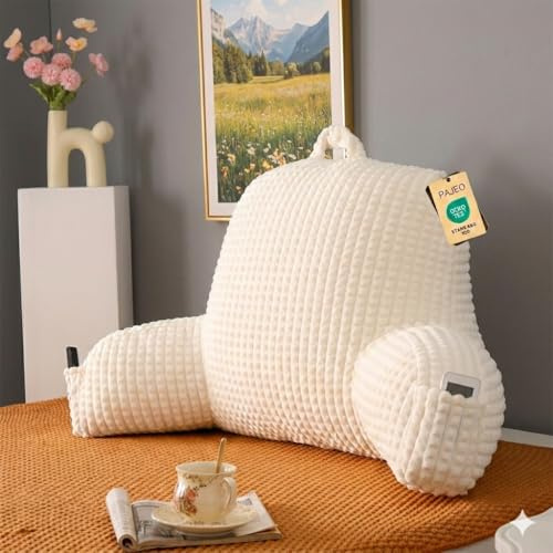 PAJEO Reading Pillow for Bed,Large Backrest Reading Pillow with Arm Rest,Back Rest Support Cushion for Sit Up on Couch,Sofa,and Floor(White Flannel,Standard(17inch))
